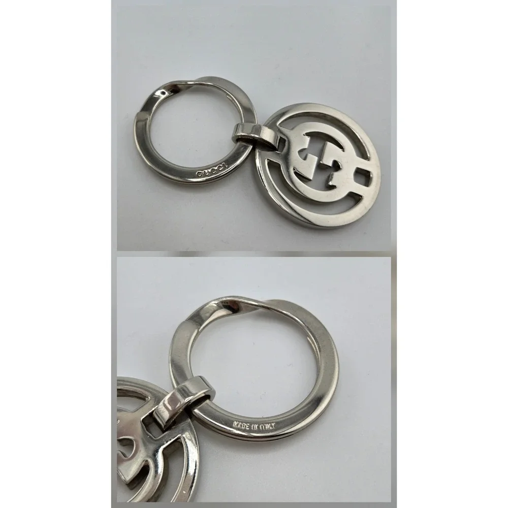 Gucci Interlocking G Keychain Silver Tone GG Logo Key Ring Made in Italy